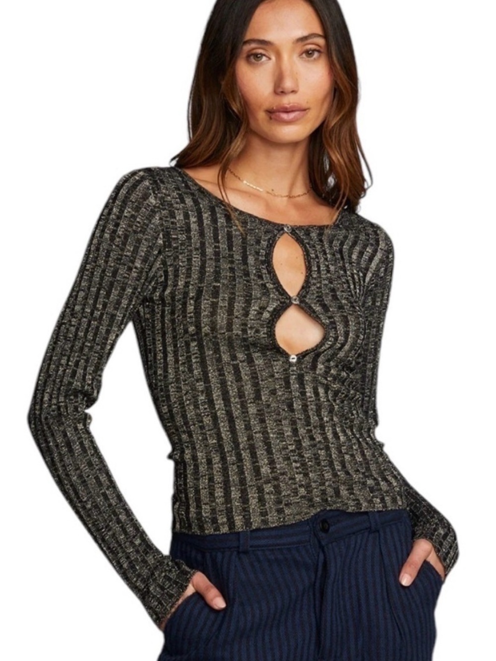 Chaser Ribbed Keyhole Long-Sleeve Lightweight Sweater in Black & Gold Sz Medium